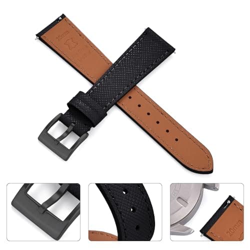JWNSPA Top Grain Leather Watch Band - Quick Release Brushed Buckle Replacement Strap for Men - Choice of Width -18mm 19mm 20mm 21mm 22mm 23mm 24mm (24mm, Black & Black Buckle) — view 2