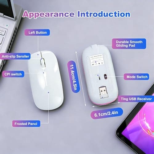AZTZATZ Wireless Bluetooth Mouse Rechargeable Long Lasting Dual Mode - BT 5.2 & 2.4G Silent RGB LED Mice, Slim Portable Ergonomic Mouse for Laptop/PC/Tablet/MacBook/iPad/Apple Devices(White) — view 3
