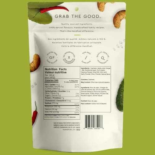 Handfuel Spicy Dill Pickle Cashews, Hand Roasted Salted Cashews, 7g of Protein, Proudly Canadian Made Plant Based Flavoured Nuts, Gluten Free - 120 Grams