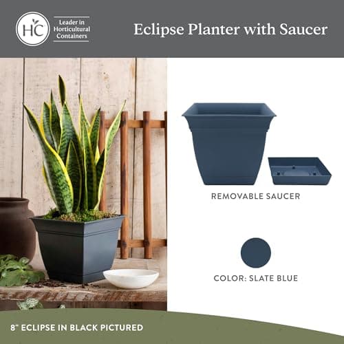 The HC Companies Eclipse Square Plastic Planter w/Attached Saucer - Outdoor & Indoor Plant Pot with Drainage Holes - Lightweight, UV-Resistant Plastic Pots for Plants (12" Slate Blue, Pack of 2)