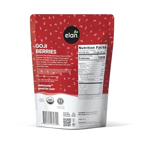 ELAN Organic Goji Berries, Non-GMO, Vegan, Gluten-Free, 140 Gram