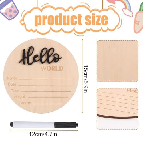 Newborn Announcement Sign with Pen, 5.9in Wooden Hello World Baby Welcome Sign for Newborn Boys and Girls Photo Props Baby Shower Hospital Nursery (Black)