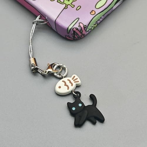 PUCAPOCO Black Cat Phone Charm Cute Kawaii Cat Fish Phone Camera Bag Charm Accessories (Black) — view 4