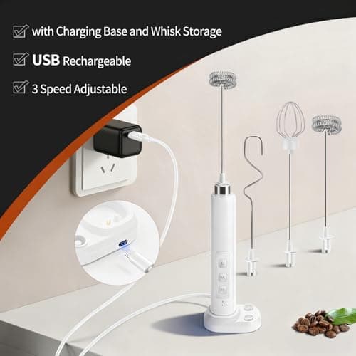Rechargeable Milk Frother Handheld with 3 Detachable Stainless Whisks, 3 Speed Adjustable Drink Mixer, Mini Frother Wand for Coffee, Matcha, Protein Shakes, with Charging Base and Whisk Storage — view 3