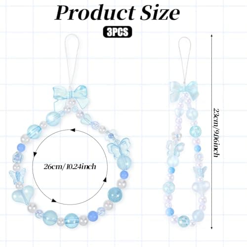 Beaded Phone Charms Strap, 3 Pcs Camera Charm Strap Wristlet Keychain Butterfly Flower Heart Bow Lanyard Chain Cute Lanyard Wrist Straps Cellphone Charm for Phone Case, Wallet (Pink, Purple, Blue)