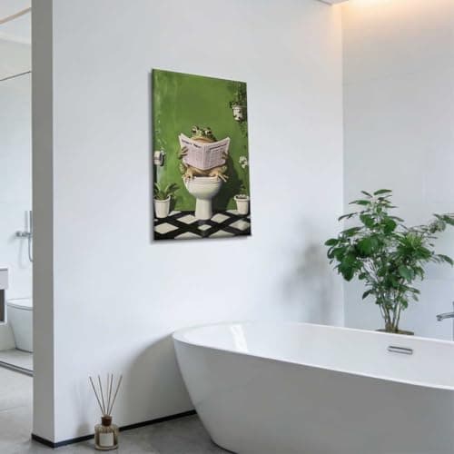 ZXHYWYM Funny Frog Bathroom Wall Art Frog Bathroom Wall Decor Green Cute Animal in Toilet Posters Whimsical Canvas Prints for Restroom Washroom (Green, 45L x 30W cm)