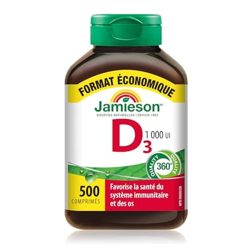 Jamieson Vitamin D3 1,000 IU Tablets, Supports Immune Health, Strong Bones, and Teeth, Enhances Calcium and Phosphorus Absorption. Vegetarian, Non-GMO, Gluten-Free, One Per Day, 500 Count, Proudly Canadian
