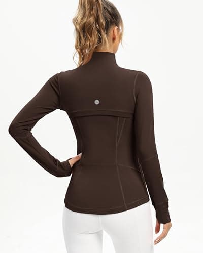 QUEENIEKE Workout Jackets for Women Full Zip Slim Fit Athletic Running Jacket with Thumb Holes (Roasted Brown, M)