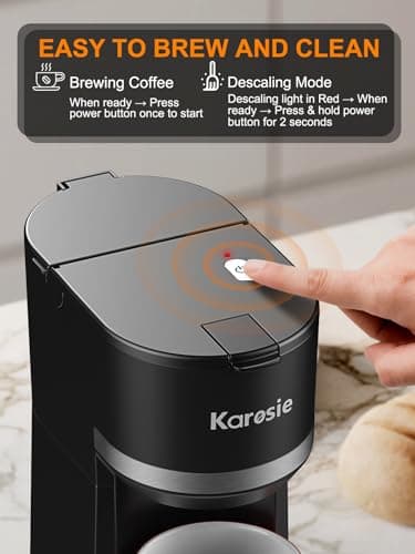 Karosie Single Serve Coffee Maker for Coffee Pods and Grounds, Fast Brew, 6-12 oz Brew Sizes Single Cup Coffee Maker Fits 5.5" Mugs, One-Button Small Coffee Maker, Descaling Reminder,Black,9.45 Inches — view 4