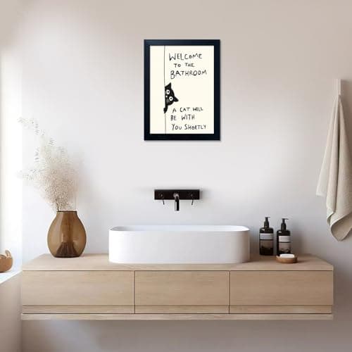 Framed Black and White Bathroom Wall Decor Welcome to the Bathroom Wall Art A cat Will be With You Shortly Funny Cat Lover Canvas Print Poster Modern Home Decor — view 5