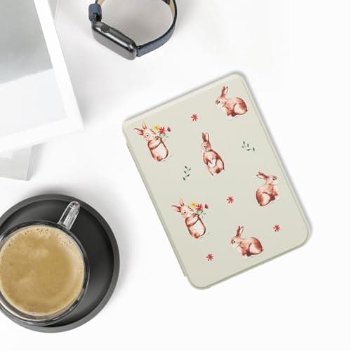 kwmobile Case Compatible with Kobo Clara BW/Colour Case - eReader Cover - Rabbits and Flowers White/Brown/Gray Green