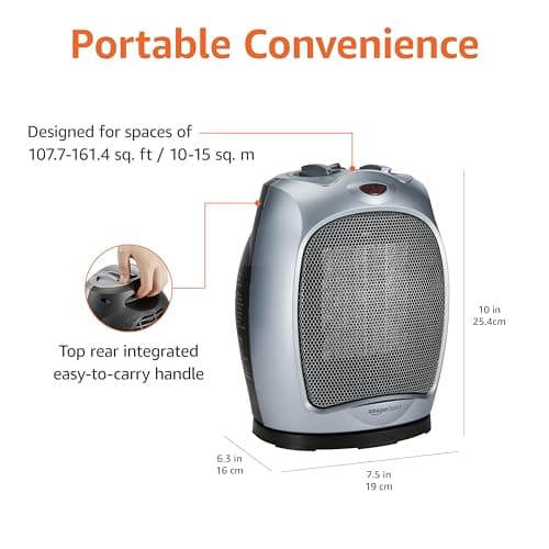Amazon Basics Oscillating Ceramic Portable Indoor Space Heater, Fast Heating Technology, Overheat and Tip-Over Protection, Adjustable Thermostat, 1500W, 7.52"D x 6.34"W x 9.45"H, Silver — view 2