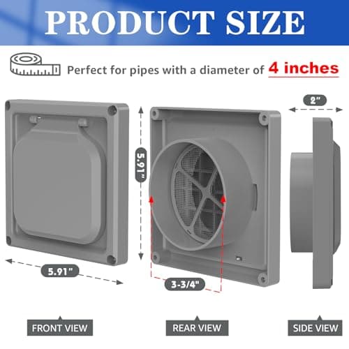 Dryer Vent Cover Outside 4 inch, Magnetic Door Design, Durable Airflow Vent with Lint Trap Screen, Thickened Material, 6 inch x 6 inch Size, Grey