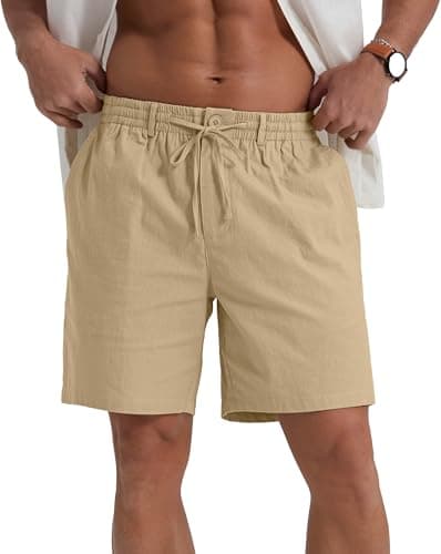 Sailwind Men's Linen Casual Shorts Drawstring Elastic Waist Summer Beach Shorts with Pockets Khaki