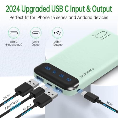 YOBON Power Bank 10000mAh Portable Charger Slim Battery Pack with 2 USB 2.4A Outputs and USB C in/Out Compatible with Huawei iPhone 16 15 14 13 12 iPad Samsung Galaxy S20 Android Tablet (Light Green)