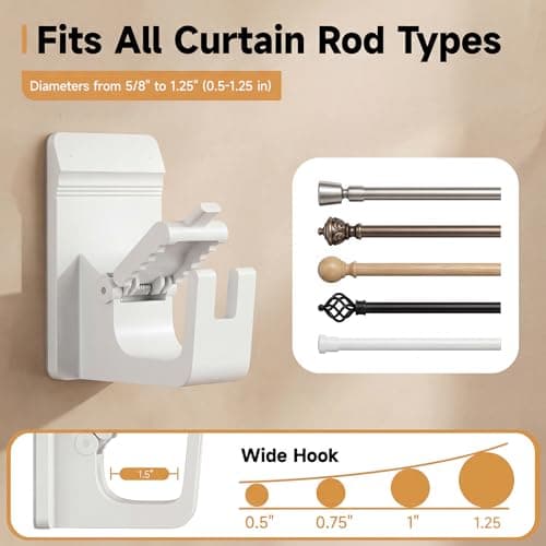 Universal Heavy Duty Curtain Rod Brackets, No Drill Curtain Rod Brackets with Adhesive & Invisible Nail, 30+LB Load Curtain Rod Holders, Damage Free Curtain Rod Hooks for Wall, Bathroom, Kitchen 2PC — view 2