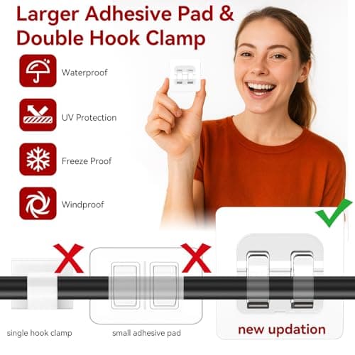 Hooks for Outdoor String Lights, 80 Pack Heavy Duty Cable Clips, Damage Free Cord Clips, Waterproof and UV-Resistant, Clear Self-Adhesive Hooks for Hanging Christmas Lights Outdoor and Patio Decor — view 4