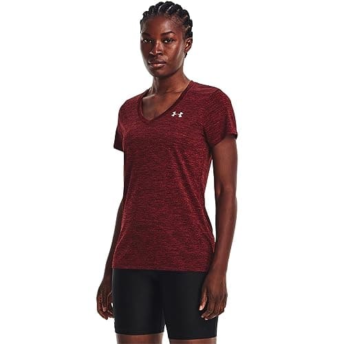 UNDER ARMOUR Women's Tech V-Neck Twist Short-Sleeve T-Shirt, (690) Chestnut Red/Radio Red/Metallic Silver, X-Small