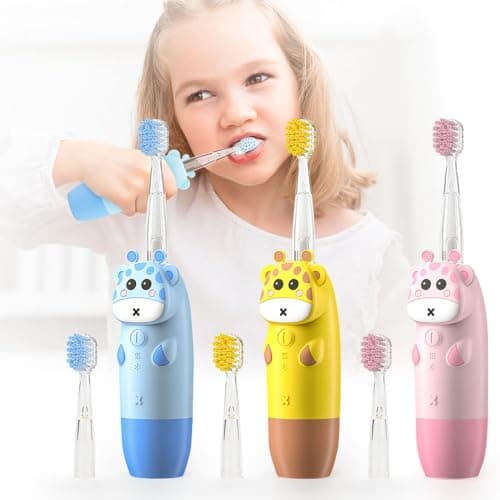 Kids Electric Toothbrush with Cute Cartoon Design, Multi-Color Light Function, Ages 3-8, Includes 2 Replacement Brush Heads and AAA Battery, Battery-Operated (Blue)