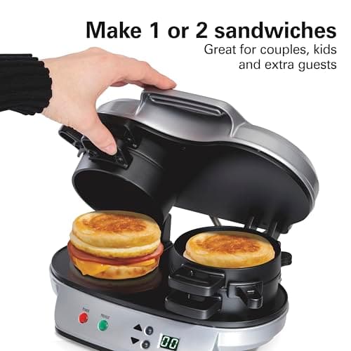Hamilton Beach Dual Breakfast Sandwich Maker with Timer, Ready in 5 Minutes, Removable Dishwasher Safe PFAS-Free Non-Stick Egg Cooker Ring, Silver (25490C)