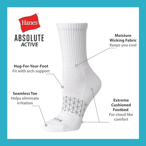 Hanes Women's Cushioned Crew Socks, Absolute Active Crew Socks for Women, Seamless Toe, 4-Pairs — view 3