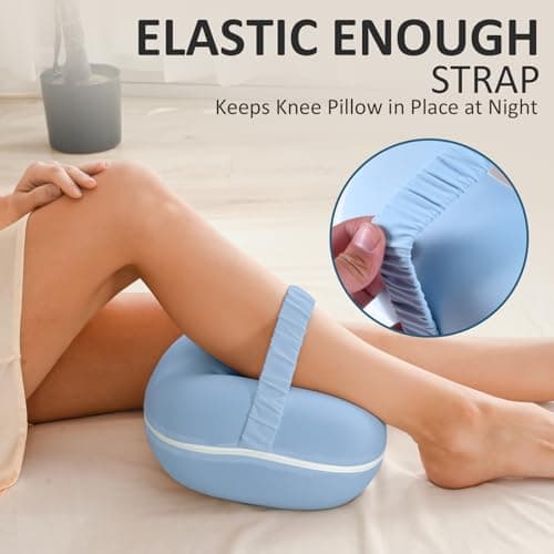 beslovo Side Sleeper Knee Pillow, Memory Foam Leg Pillow, Ergonomic Between Leg Pillow Eases Back Hip Pain, Spine Alignment Sciatica Relief, Knee Pillow with Ice Silk Cover and Elastic Strap (Blue) — view 3