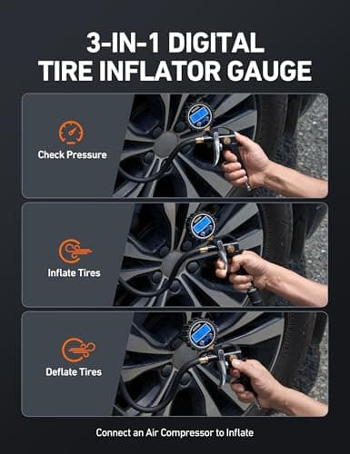 AstroAI Digital Tire Pressure Gauge with Inflator, 3-250PSI Air Compressor Accessories with Heavy Duty Air Chuck Quick Connect Coupler, Fits 1/4" NPT – for Car Truck SUV RV, 1 Pack Compact — view 2