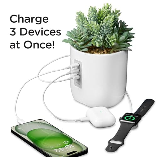 iHome PowerPlant Charging Station, Faux Succulent with USB Charging Station for iPhone, Android, and More – White (iPP45) — view 2