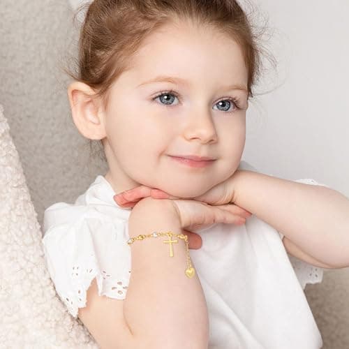 Jesvo First Communion Gifts for Girls, Pearl Cross 1st First Holy Communion Bracelet Tween Catholic Christian Religious Jewelry for Teens Teenage Kids