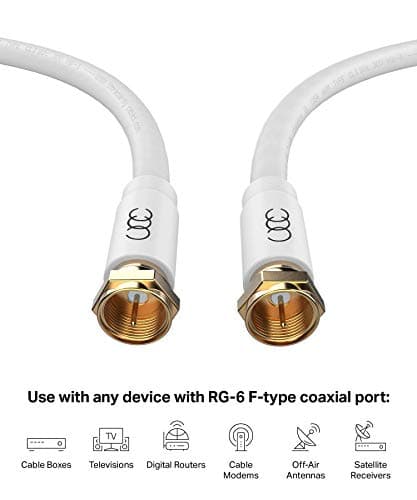 RG6 Coaxial Cable 6 FT, TV Coax Cable Wire, Quad Shielded Cable Cord, in-Wall Rated-Digital Audio Video Satellite Cable Extension, Gold Plated Compression Connectors - White, 6 Feet