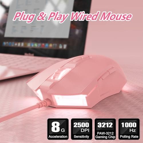 Lomiluskr AJ52 RGB Wired Gaming Mouse, 7 Programmable Buttons, Computer Mice with RGB LED Backlit, 200-4800 DPI Adjustable,for Windows/Mac OS/Linux (Pink)
