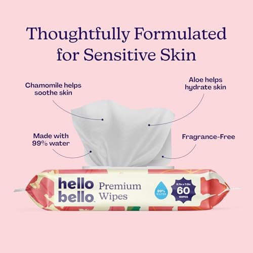 Hello Bello Premium Baby Wipes for Sensitive Skin, Hypoallergenic, Fragrance-Free, 99% Water with Chamomile & Aloe, Multi-Use, Rosy Posy, 9 Resealable Packets, 540 Wipes