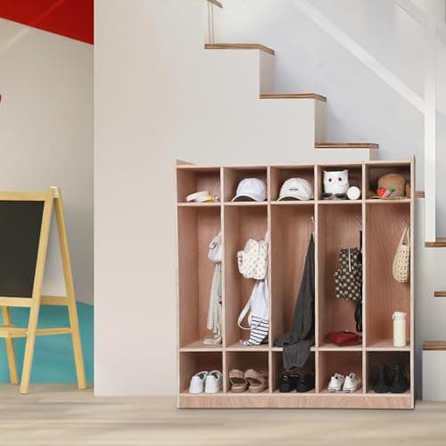 5-Section Classroom Coat Locker, Cubby Storage Organizer with 4 Casters, 5 Hooks & 2 Storage Boxes, Heavy-Duty Plywood Daycare Furniture for Preschool & Kids Entryway