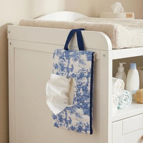 Quilted Baby Wipe Holder, Canvas Floral Quilted Pouch with Hanging Strap, Portable Diaper Wipe Holder for Travel Stroller-Grand Classical Blue — view 3