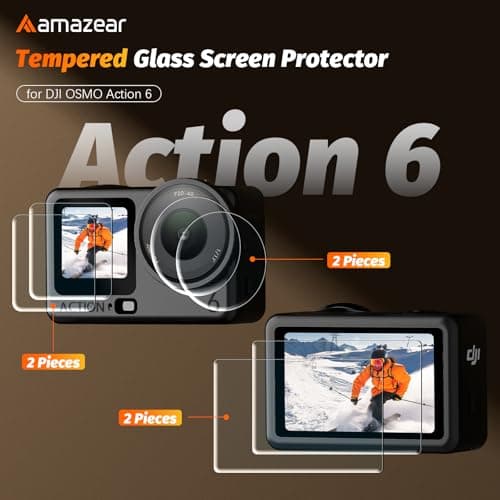 AMAZEAR Lens Screen Protector for DJI Osmo Action 6 Accessories (2 Sets), Action6 Pro Tempered Glass Protector OLED Display, Full Protection, Ultra HD, 9H Hardness, Scratch Resistant(TGP & Lens Caps)