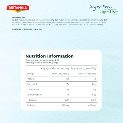 BRITANNIA Digestive Sugar Free Tea Time Cookies 12.34oz (Pack of 1-350g) - Healthy Snacks Breakfast, Lunch Snacks Whole Wheat Flavor - Light & Crispy Toasted - Suitable for Vegetarian