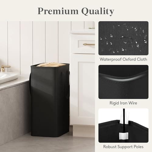 Lifewit Slim Laundry Hamper, Narrow Small Laundry Basket with Handle for Dirty Clothes, Collapsible Tall Thin Laundry Bin for Bathroom Bedroom Dorm College, 50L, Black — view 3