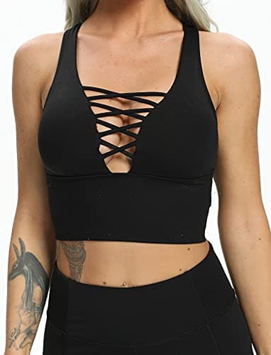 SEASUM Women's Longline Sport Bra Seamless Yoga Crop Top Medium-Low Support Workout Bra, #4 Criss-cross Black, Medium