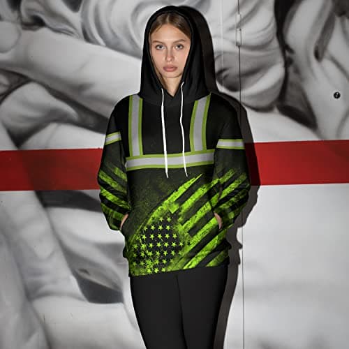 HiVis Custom Safety Hoodie - Green US Flag Customize Name High Visibility Hoodie for Men - Reflective Workwear for Runners, Walkers, Truckers, Operators, Patriotic — view 2
