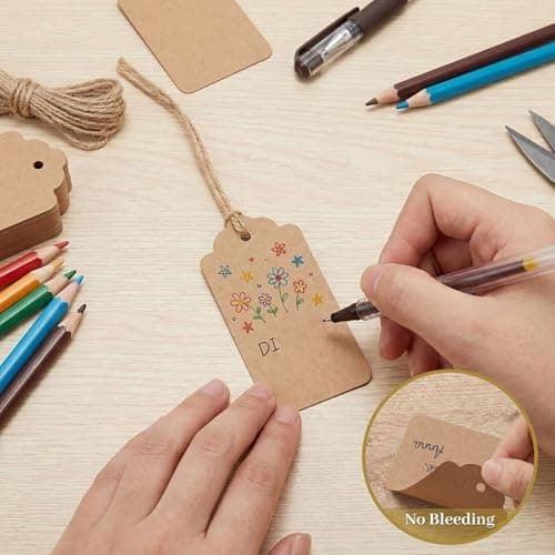 SallyFashion 100pcs Gift Tags with String Attached, 1.7 x 2.8 inch Kraft Paper Hang Tags for Clothes DIY Crafts Wedding Holiday (Brown) — view 4
