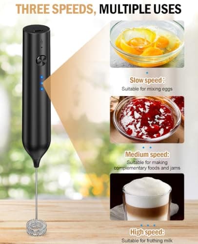 Rechargeable Milk Frother Handheld, Electric Whisk with 3 Speeds, Hand Drink Mixer with 2 Heads, Portable Coffee Frother Wand Handheld for Coffee, Lattes, Cappuccino, Eggs (Black) — view 3