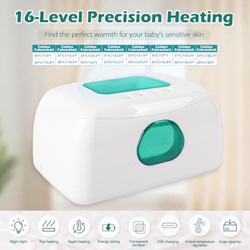 Baby Wipe Warmer with 16-Level Precision Heating, Portable USB-Powered Wet Wipe Warmer, Auto-Lift Spring Wet Wipes Dispenser, Gentle 45°-60° Diaper Wipes Warmer for Diaper Changes, Home & Travel Use — view 2