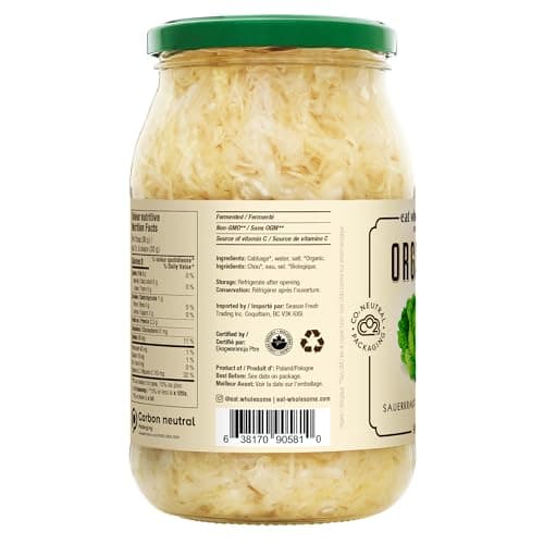 Eat Wholesome Organic Sauerkraut, 909ml - Naturally Fermented, Live Cultures, Probiotic, No Preservatives, Non-GMO, Vegan, Glass Jar