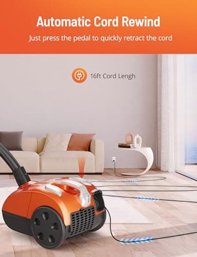 Bagged Canister Vacuum Cleaner, Canister Vacuum Cleaners for Home, Automatic Cord Rewind, Portable Corded Vacuum Cleaner with 3 Replacement Bags for Hard Floors, Pet Hair, Carpet and Upholstery — view 5