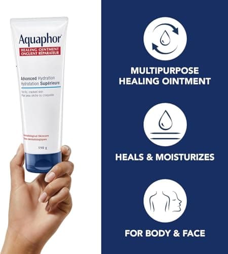 Aquaphor Healing Ointment, Multipurpose Ointment for Dry, Cracked Skin, Chafing, Cuticle Care, Fragrance Free, Non Greasy and Non Comedogenic Body Moisturizer, Dermatological Skin Care, 198g Tube