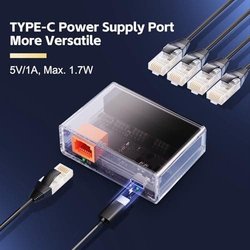 Gigabit Ethernet Splitter 1 to 4 Port, 1000Mbps High-Speed LAN Adapter with USB Cable, Mini Plastic YuLinca Network Hub, Plug & Play for Router, Modem, PC, IP Camera, Printer, Smart TV — view 3