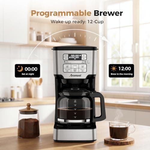 Aromvel 12-Cup Drip Coffee Maker Programmable, Coffee Machine with Glass Carafe, Adjustable Brew Strength, 24-Hour Delay Brew & 4-Hour Keep Warm, 1-4 Cup/Classic/Rich Coffee Brewer for Home Office