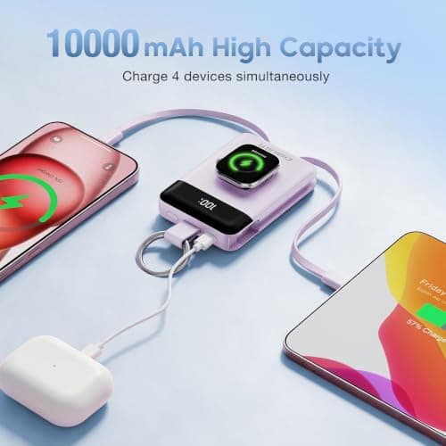 CHALIGTI 10000mAh Portable Charger,PD 22.5W Super Fast Charging Power Bank with Built-in Cables, Travel Keychain Battery Pack for iPhone 17/16/15/14/13/12,Apple Watch Ultra/11/10/9/8/7/6/SE (Purple)