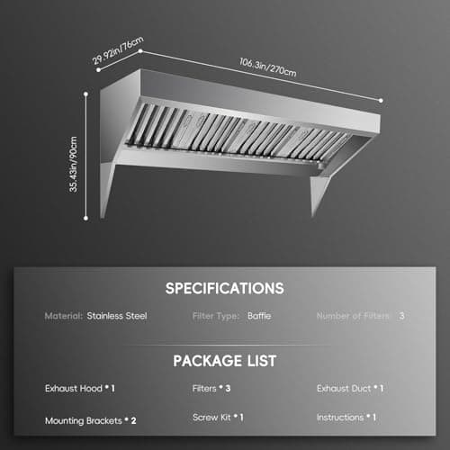 9FT Commercial Exhaust Hood - 201 Stainless Steel Rust-Resistant Vent Hood with 4 Detachable U-Shaped Grid Oil Filters for Commercial Kitchens (Food Truck/Concession Trailer/Restaurant)