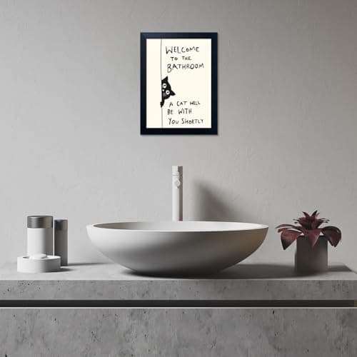 Framed Black and White Bathroom Wall Decor Welcome to the Bathroom Wall Art A cat Will be With You Shortly Funny Cat Lover Canvas Print Poster Modern Home Decor — view 4